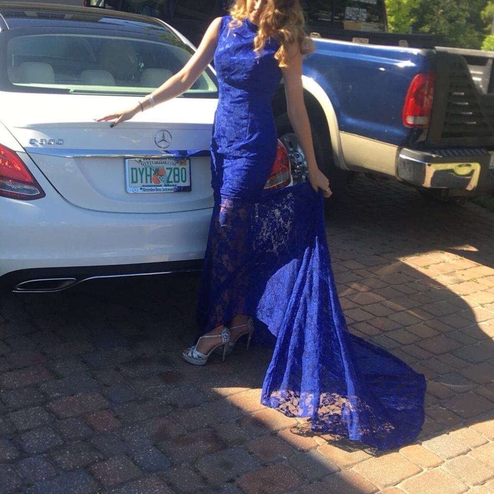 Blue no sleeve mermaid prom dress